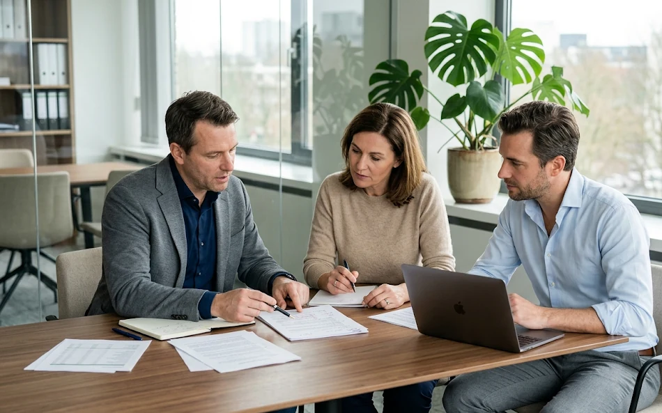 Trois professionnels analysent ensemble un contrat autour d’une table de réunion